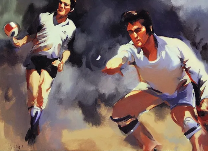 Image similar to a highly detailed beautiful portrait of elvis presley playing voleyball, by gregory manchess, james gurney, james jean