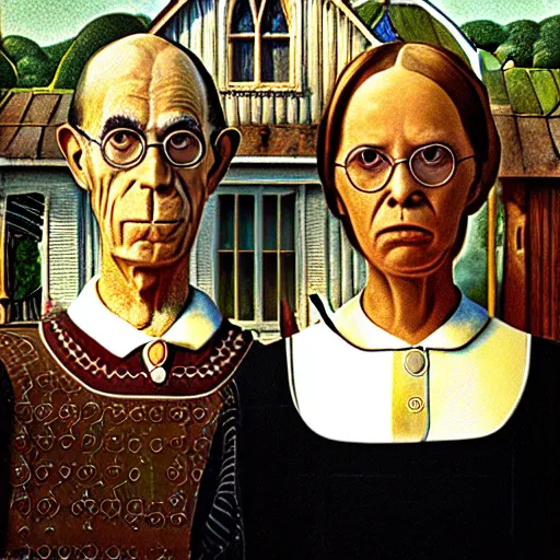 Image similar to a witch and a wizard in the style of american gothic