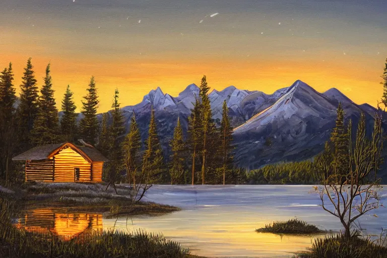 Image similar to a beautiful painting of a log cabin by a lake in front of snowcapped mountains at night. there's smoke coming from the chimney of the log cabin.