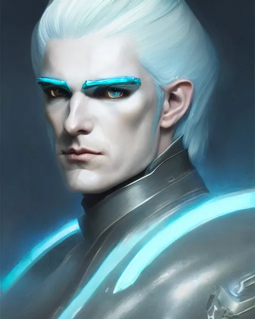 Image similar to character portrait of a slender young half elven man with white hair, piercing turquoise blue eyes, and pale blue skin, wearing sleek black armor, by greg rutkowski, mark brookes, jim burns, tom bagshaw, trending on artstation