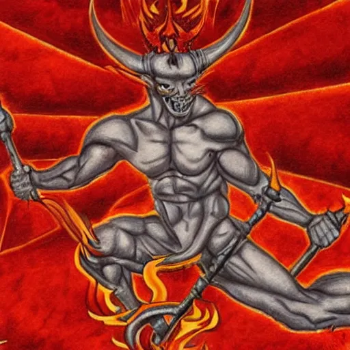 Image similar to full body drawing by Luke Starkie of a muscled horned Satan Devil, red flames in background