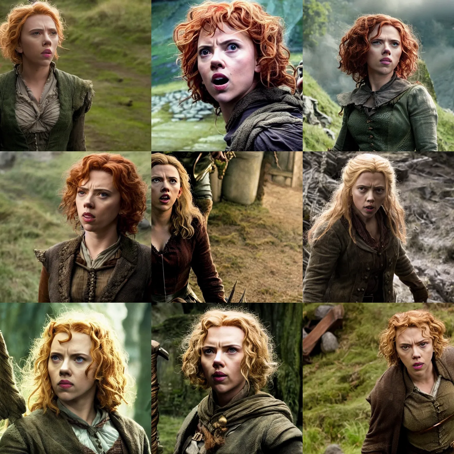 Prompt: angry scarlett johansson as bilbo baggins, 1 9 7 7 the hobbit movie