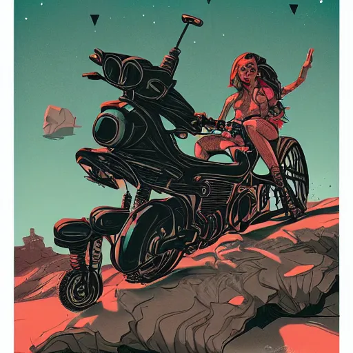 Image similar to a colorfully detailed comic noir illustration of a hot tattooed women riding a motorcycle through a post-apocalyptic desert by Queens of the Stone Age and sachin teng, dark vibes, street art, cinematic, high contrast, depth of field