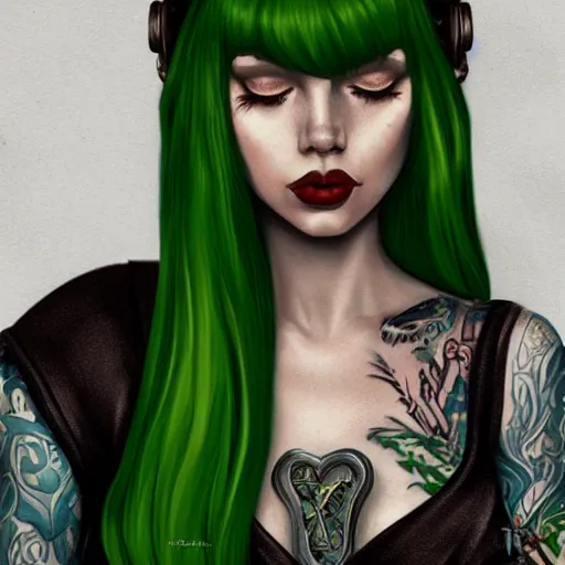 Image similar to green hair tattooed pinup hannah murray, rogue bard, feathers, baldurs gate, diablo, dnd, deep focus, turnaround, fantasy, intricate, elegant, highly detailed, digital painting, artstation, concept art, matte, sharp focus, illustration, hearthstone, art by artgerm and greg rutkowski and alphonse mucha.