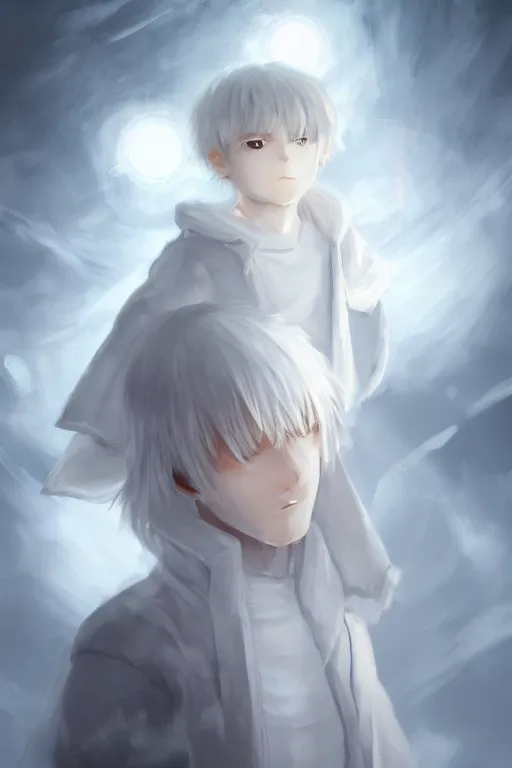 Image similar to anime young boy with short wavy white hair wearing white clothes with short cape surrounded by light orbs, moody, wlop, concept art, digital painting, trending on artstation, highly detailed, epic composition, 8 k uhd