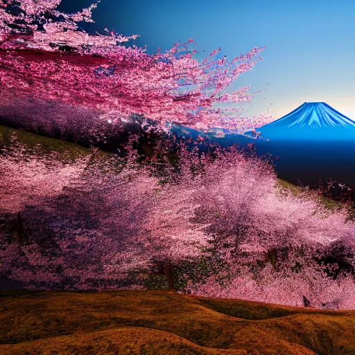 Image similar to a cinematic shot of mount fuji and cherry blossom trees and it's leaves falling on a breezy sunset, 4 k, unreal engine 6,