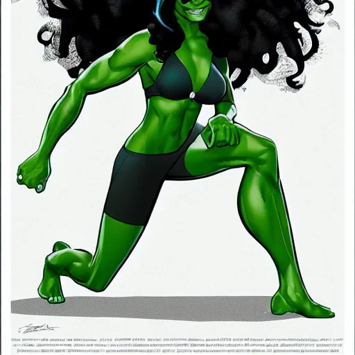 Prompt: Actress Zoe Saldana as She-Hulk, smiling, poster framed, comic pinup style, sports illustrated, detailed legs, artstation, illustration, posterized, Roge Antonio, Jen Bartel