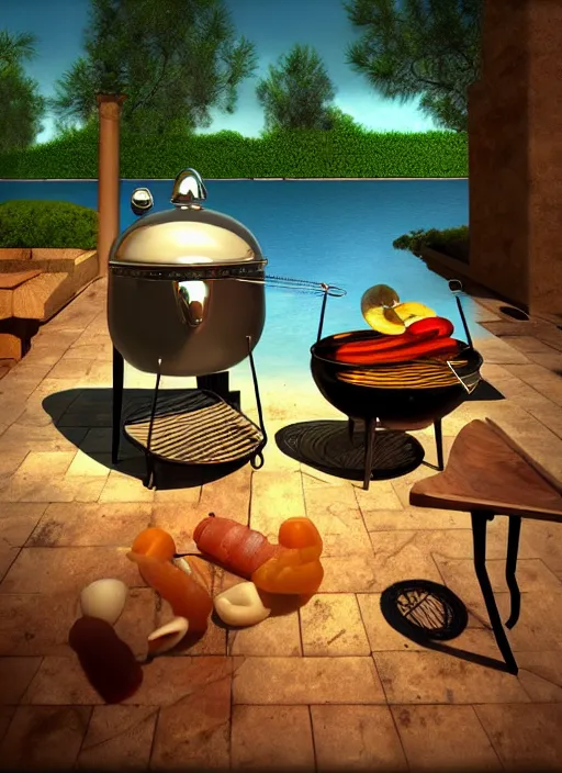 Prompt: barbeque designed by salvador dali, natural lighting, path traced, highly detailed, high quality, digital painting