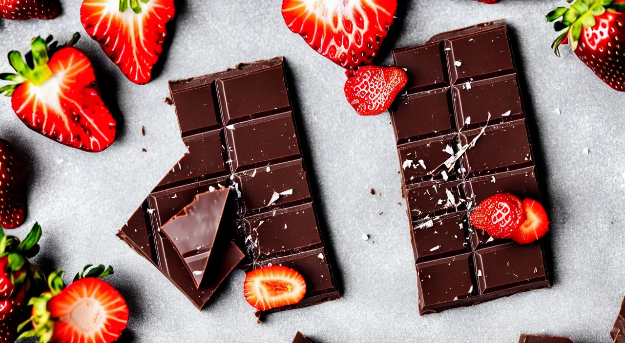 Prompt: A gourmet dark chocolate bar with a piece broken off, on an opened silver wrapper, next to sliced strawberries, on a wooden tray, macro lens product photo