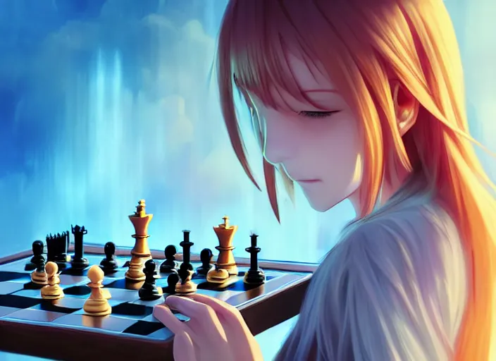 Image similar to rimuru playing chess, with amber eyes of golden colored eyes, straight hair, sky blue hair, long bangs, high collar, concept art, award winning photography, digital painting, cinematic, by wlop, anime key visual, wlop, 8 k, by ross tran, tom bagshaw, andy warhol