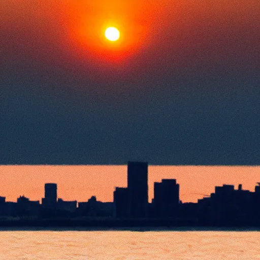 Image similar to distant views of an airship silhouetted against the setting sun over a city skyline