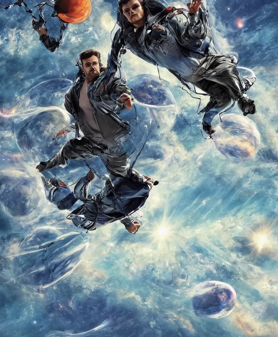 Image similar to hd art of future man traveling towards another galaxy with the help of parachute, highly detailed