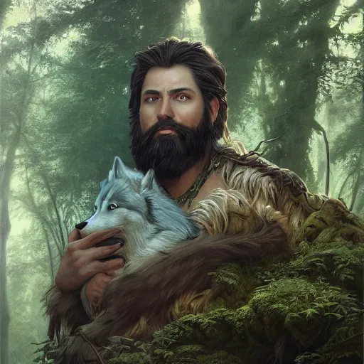 Prompt: beautiful portrait of an epic fantasy earth and nature god with medium length brown hair and a husky beard holding a dark metal sword in the deep forest as he looks at us, oil painting by Greg Rutkowski and Charlie Bowater and Artgerm, unreal 5, DAZ, epic RPG Portrait, trending on artstation, dynamic lighting, late afternoon lighting, forest, green theme, afternoon light