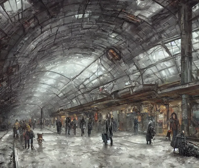 Image similar to post-apocalyptic urban train station, by Konstantin Razumov, horror scene, highly detailded