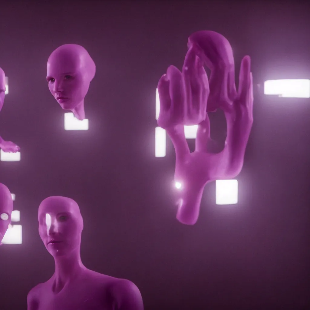 Image similar to cinestill of a giant hand made of purple wax float through the living room film still from the movie directed by denis villeneuve with art direction, pouring rain menacing lights shadows, 8 k, hd, high resolution, 3 5 mm, f / 3 2, ultra realistic faces, ex machina