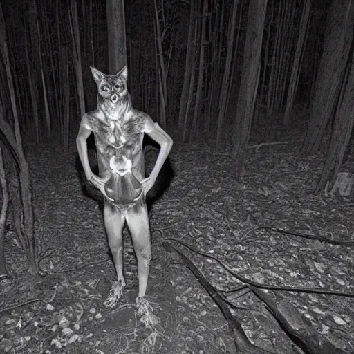 Image similar to bad waulity nightfootage nightcam black and white trailcam footage of native weird distorted human body Skinwalker transforming into a coyote