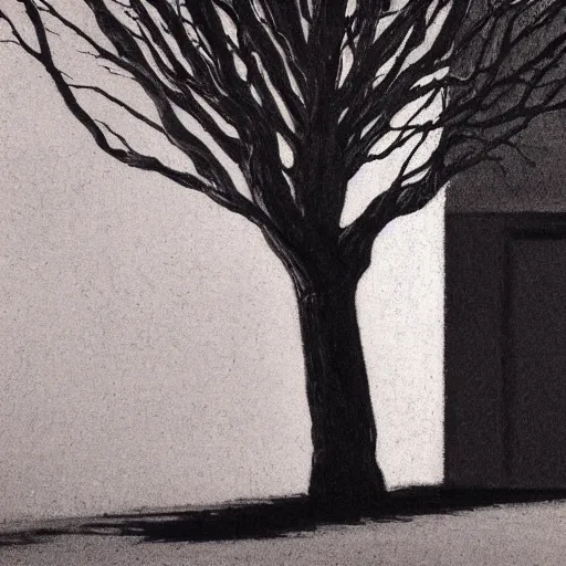 Prompt: shadow monster hiding behind a tree, in the style of a Edward Hopper painting, eerie,