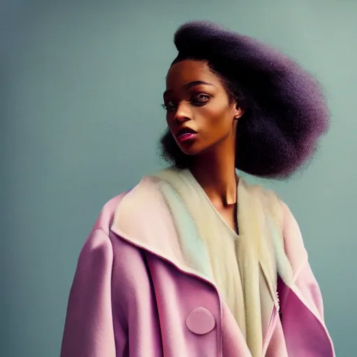 Image similar to editorial photography, lighting, beautiful black woman, pastel tones, painterly, nostalgic, vintage, realistic, vogue