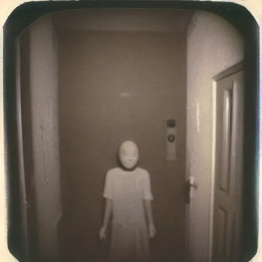 Image similar to a terrifying monster at the end of a hallway, dark!, creepy, nightmare fuel!!!, unsettling, uncanny valley!, old polaroid, expired film,