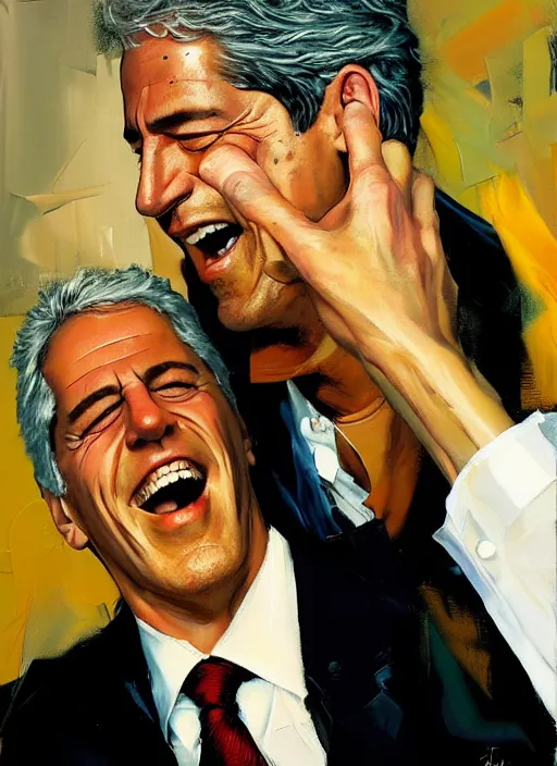 Image similar to 'jeffrey epstein and bill clinton drunk, laughing, flailing, squeezing, gripping, painting by phil hale, 'action lines'!!!, graphic style, visible brushstrokes, motion blur, blurry