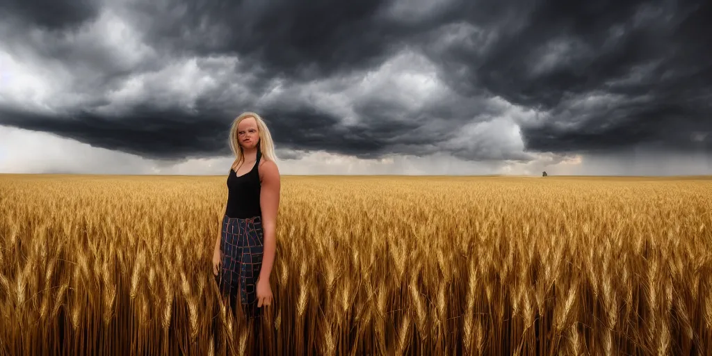 Prompt: girl is standing in a wheat field with heavy black clouds and a thunder in the background, photo by Ted Gore,