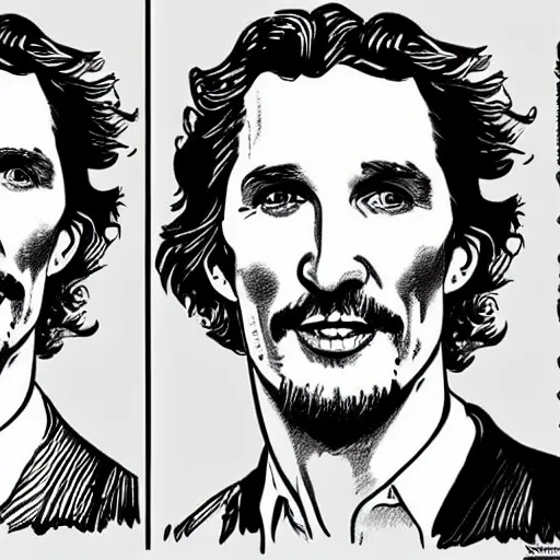 Image similar to a portrait drawing of Mathew McConaughey drawn by Robert Crumb