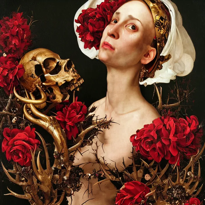 Image similar to portrait of a woman with a golden skull mask on face, a wreath of thorns, a dress of bones and roses, horns, snakes, smoke, flames, full-length, oil painting in a renaissance style , very detailed, red background, painted by Caravaggio, Greg rutkowski, Sachin Teng, Thomas Kindkade, Alphonse Mucha, Norman Rockwell, Tom Bagshaw.