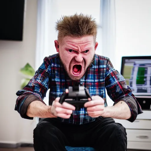 Image similar to crazy scottish man getting angry playing a computer game, photo real, dslr camera, 4 k, ray tracing