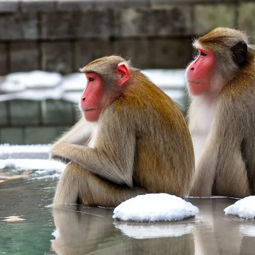 Prompt: a group of Japanese macaques in a snowy hot spring, oranges floating in the water, early morning