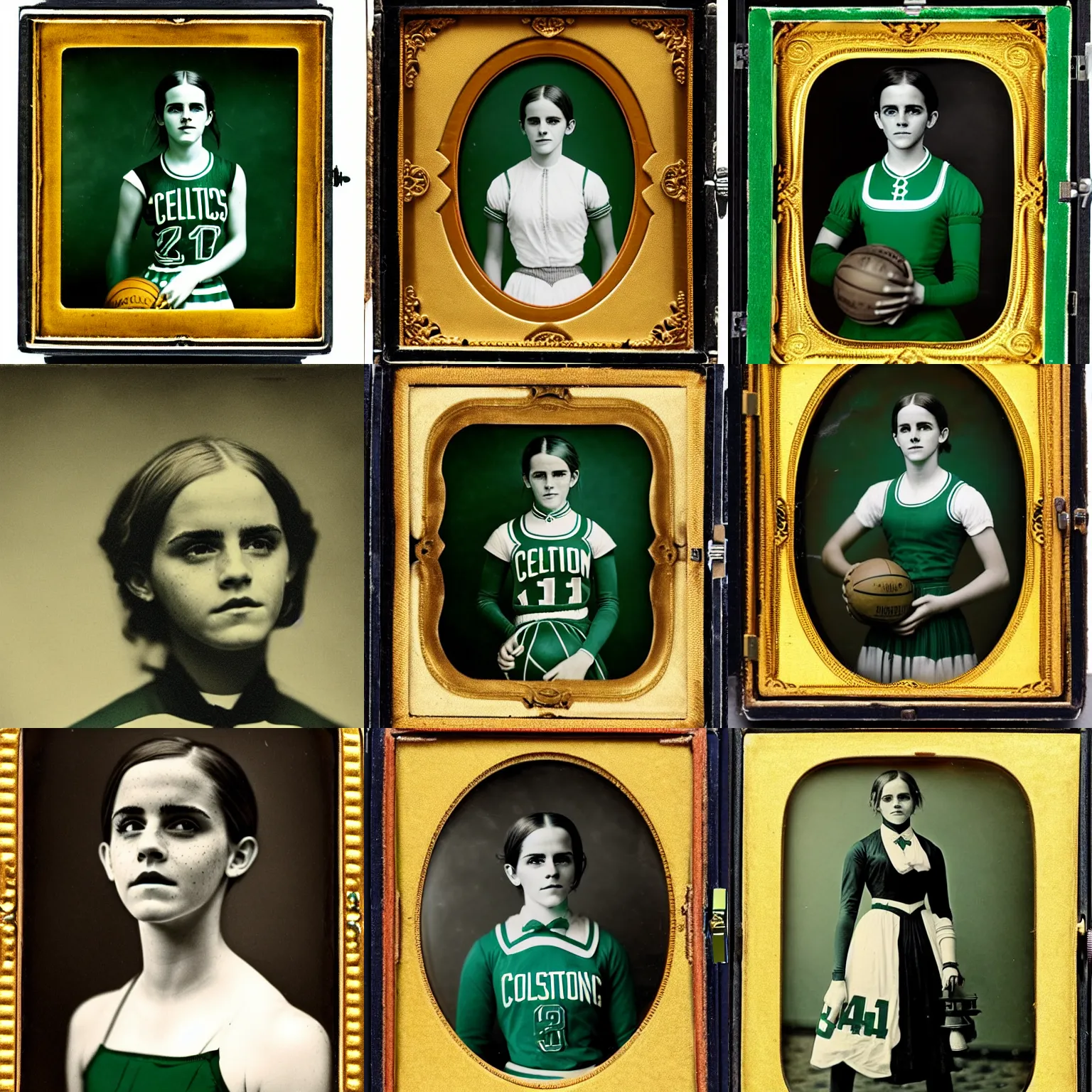 Prompt: emma watson wearing boston celtics uniform, 1 8 4 1, daguerreotype