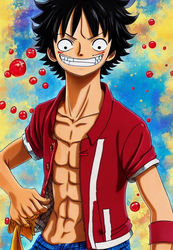 Image similar to Finn Wolfhard as Luffy from one piece!! Water particles!, background bokeh, Sakimichan, J.C. leyendecker, limited edition art, portrait!