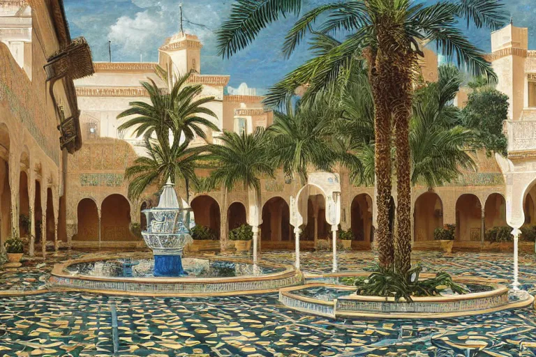 Prompt: painting of a beautiful moorish palace courtyard garden, by ludwig deutsch, patterned tilework, palm trees, tiled fountains, extremely detailed, dramatic lighting, smooth sharp focus