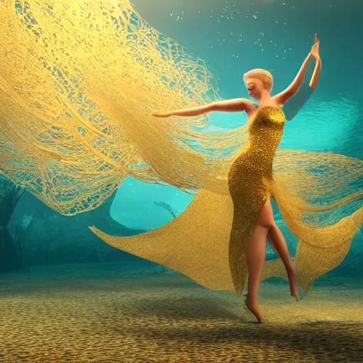 Prompt: woman with golden hair dancing underwater wearing a long flowing dress made of many translucent layers of silver and gold lace seaweed, bolts of bright yellow fish, delicate coral sea bottom, swirling silver fish, swirling smoke shapes, unreal engine, caustics lighting from above, cinematic, hyperdetailed