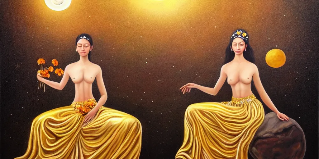 Image similar to very realistic beautiful painting of a goddess wearing a long metallic golden skirt covering her whole body holding flowers and levitating a pear, sun on the left moon on the right as she is sitting on a rock at night time, realistic 8K HD