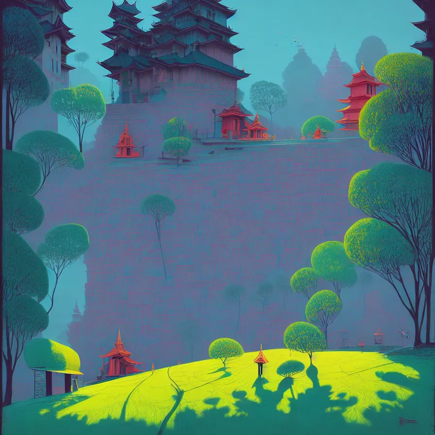 Image similar to ( ( ( gediminas pranckevicius ) ) ), wat bukit perak, summer morning, very coherent and colorful high contrast art by james gilleard floralpunk screen printing woodblock, dark shadows, pastel color, hard lighting