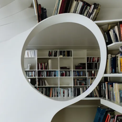 Image similar to photo of white bookshelf shaped like a spiral on white background