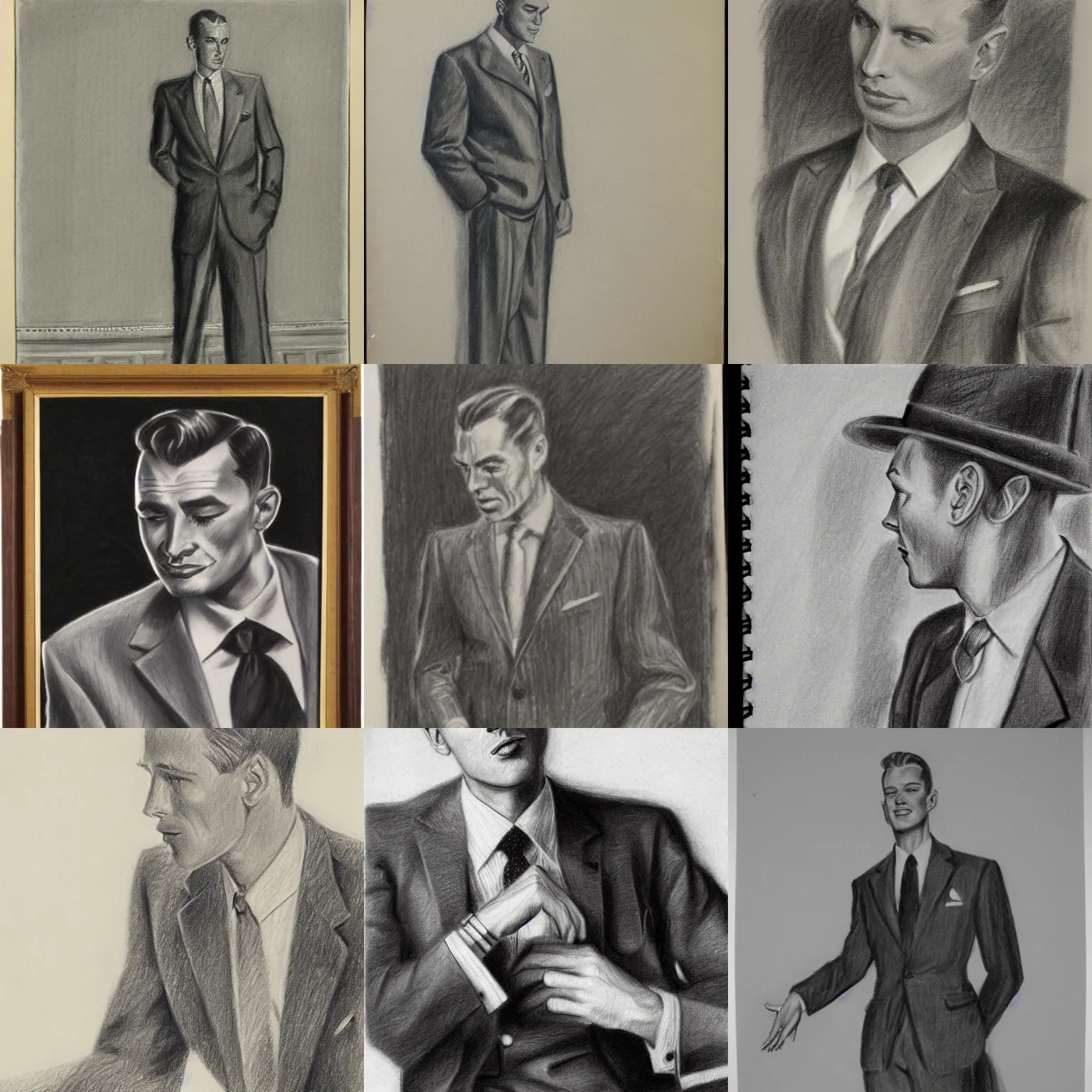 Prompt: a man dressed in a suit 1 9 5 0, pencil drawing by andrew loomis