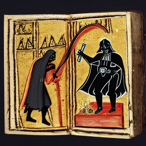 Image similar to darth vader in a medieval manuscript fighting with a dragon, medieval manuscript, golden miniatures