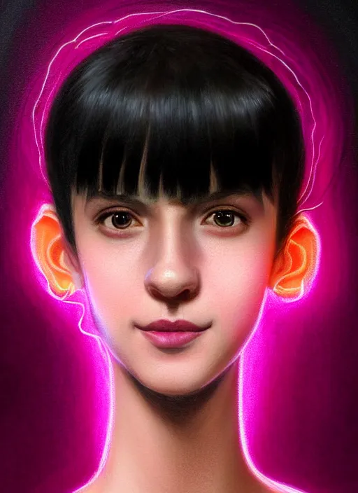 Image similar to portrait of teenage girl, realistic, black hair, bangs, half updo hairstyle, pointy nose, skinny, smile, ugly, defined jawline, big chin, pink hair bow, earrings, intricate, elegant, glowing lights, highly detailed, digital painting, artstation, sharp focus, illustration, art by wlop, mars ravelo and greg rutkowski