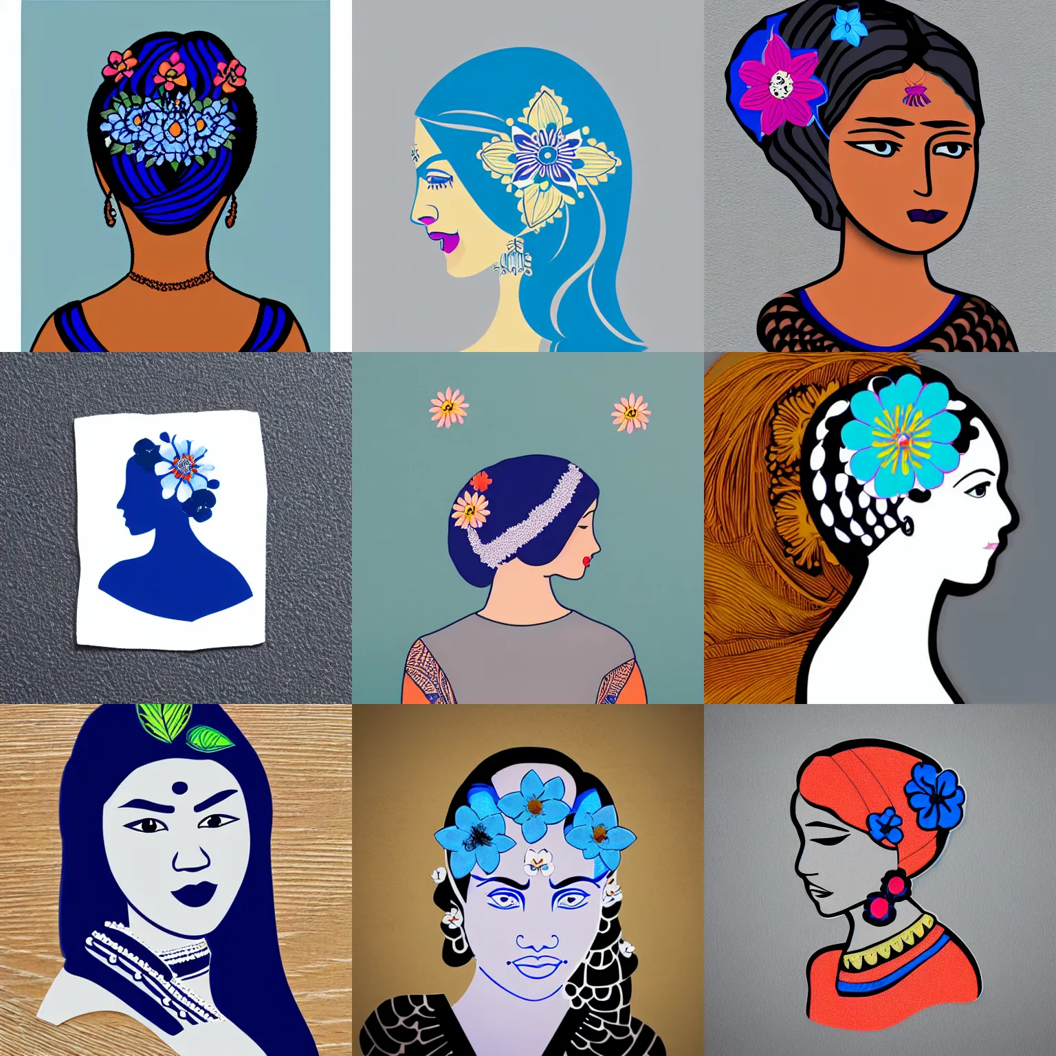 Prompt: catroon diecut sticker of indian woman with blue flower in her hair with white border on gray background