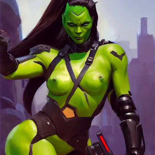 Prompt: greg manchess portrait painting of armored gamora as overwatch character, medium shot, asymmetrical, profile picture, organic painting, sunny day, matte painting, bold shapes, hard edges, street art, trending on artstation, by huang guangjian and gil elvgren and sachin teng