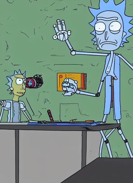 Image similar to a robot trying to draw a human hand, rick and morty art style illustration, justin roiland, dan harmon, location is a science fiction planet