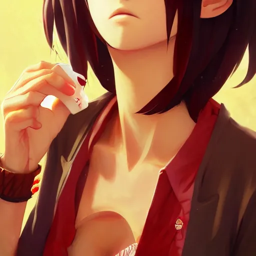 Image similar to mugiwara no luffy drinking cofee, digital art, pretty face, very beautiful face, very detailed eyes, 8 k resolution, by wlop, greg rutkowski, full body