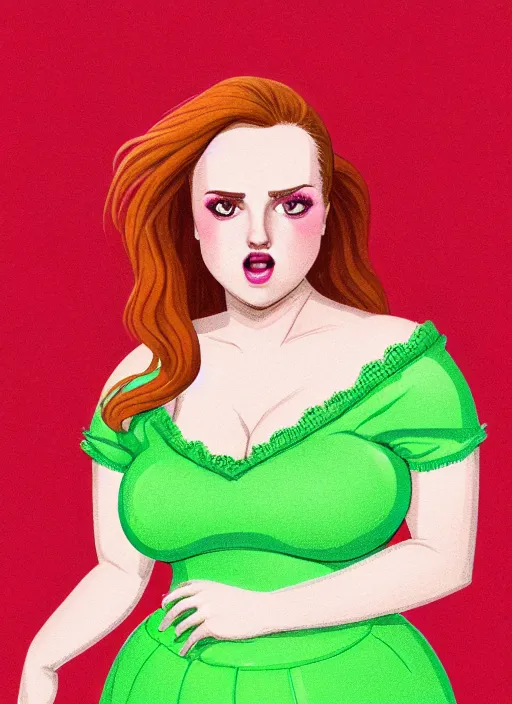 Image similar to full body portrait of teenage cheryl blossom, obese, bangs, green eyes, sultry expression, red hair, sultry smirk, bangs and wavy hair, pink skirt, fat, intricate, elegant, glowing lights, highly detailed, digital painting, artstation, concept art, smooth, sharp focus, illustration, art by wlop, mars ravelo and greg rutkowski