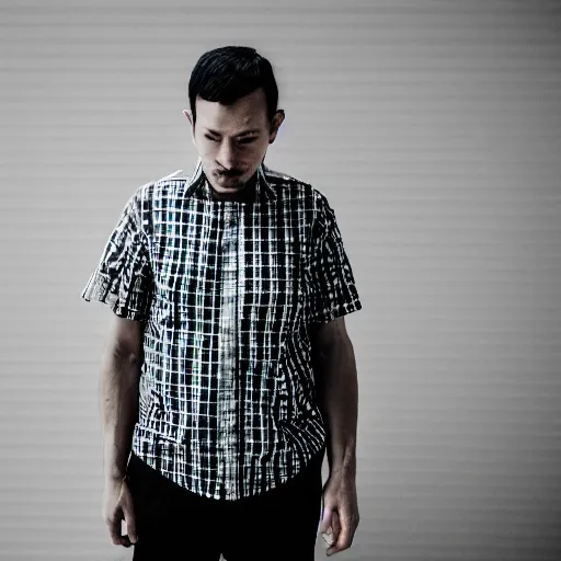 Image similar to man wearing shirt made of smaller shirts, 2 0 mm lens, photography