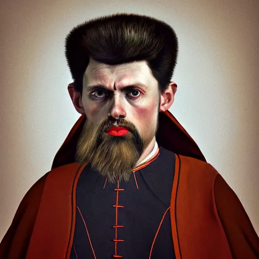 Image similar to Colour Caravaggio style full body portrait Photography of Highly detailed Man wearing Ukrainian folk costume designed by Taras Shevchenko with 1000 years perfect face wearing highly detailed retrofuturistic VR headset designed by Josan Gonzalez. Many details In style of Josan Gonzalez and Mike Winkelmann and andgreg rutkowski and alphonse muchaand and Caspar David Friedrich and Stephen Hickman and James Gurney and Hiromasa Ogura. Rendered in Blender and Octane Render volumetric natural light