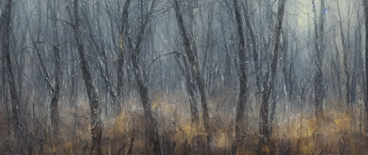 Prompt: the severe wind roars through an abstract forest in winter, cold lighting, oil painting, by Zhao Wuji