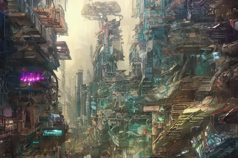 Image similar to a cyberpunk city in ruins, jungle plants overgrowing the streets and buildings, cats run through the ruins, drinking from pools of water and climbing on old fallen signs, by artgerm and amano and rutkowski and kincaid, trending on artstation