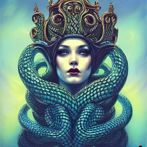 Image similar to queen of snakes, crown of snakes, blue skin, royal, by Anato Finnstark, Tom Bagshaw, Brom