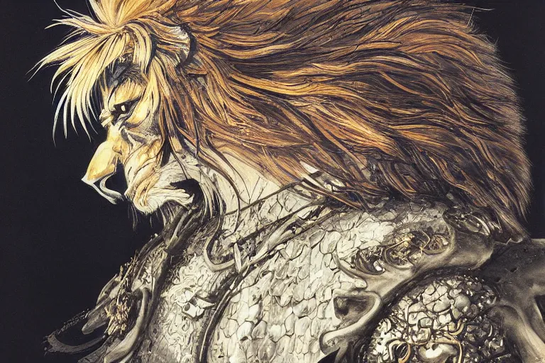 Image similar to 8k Yoshitaka Amano painting of upper body of a young cool looking lion beast-man at a medieval market at windy day. White mane, Depth of field. He is wearing complex fantasy armors. He has huge paws. Renaissance style lighting.